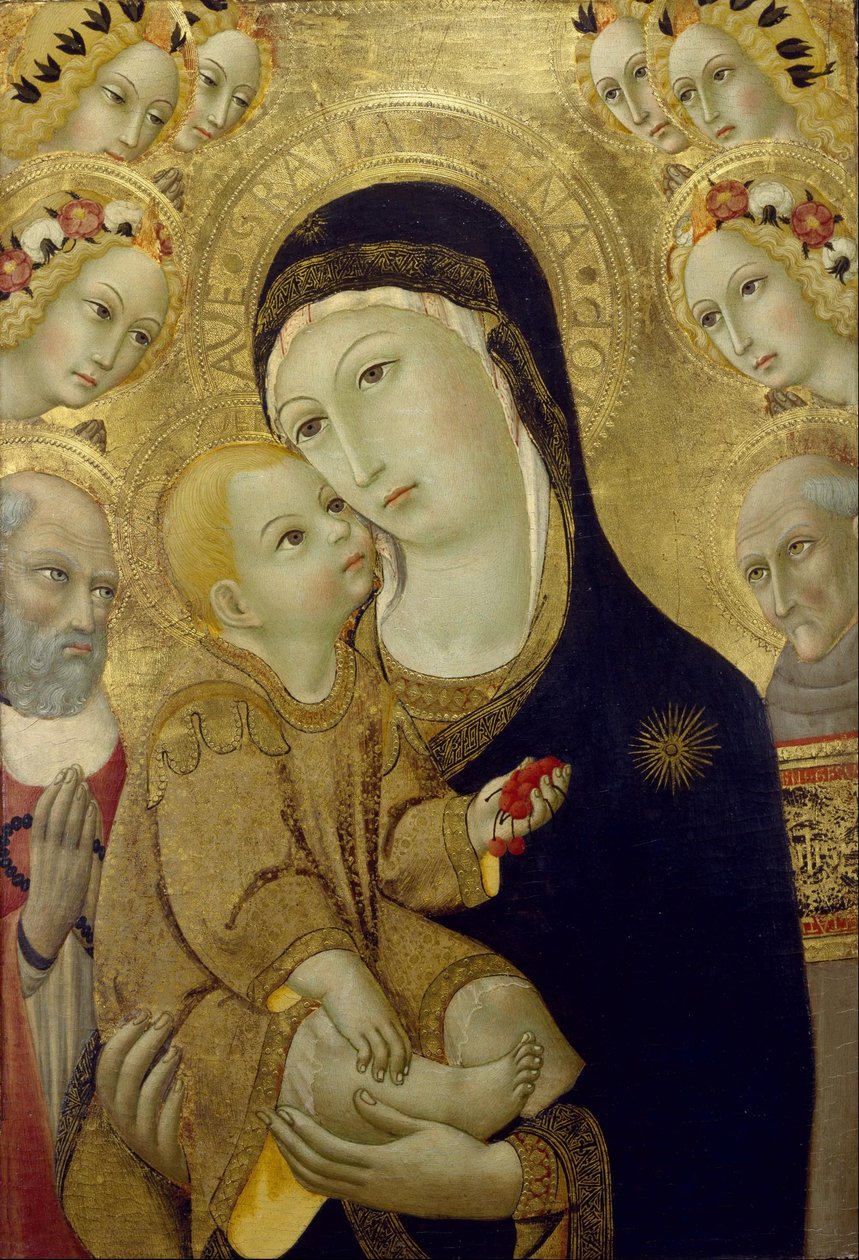 Panna Maria s dítětem, svatými Jeronýmem a Bernardinem Sienským a šesti anděly od Sano di Pietro