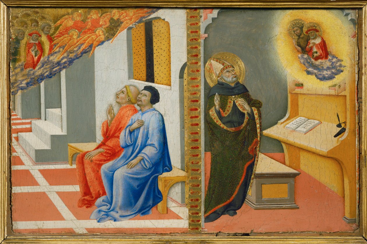 Po jeho smrti se svatý Jeroným zjevuje Sulpici Severiovi, poté svatému Augustinovi, spolu se svatým Janem Křtitelem ... od Sano di also Ansano di Pietro di Mencio Pietro
