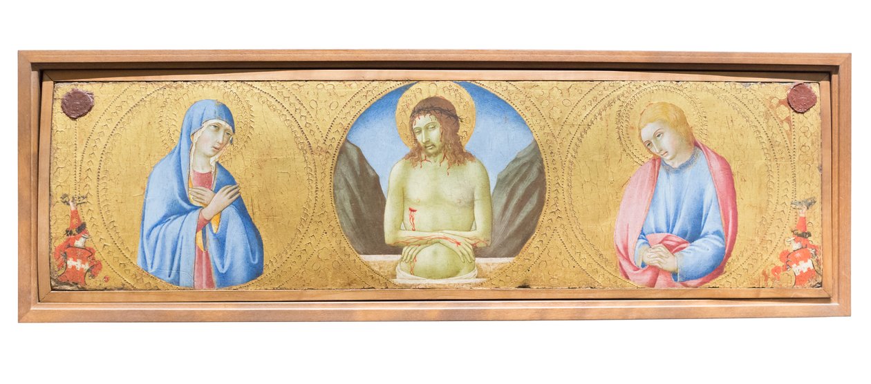 Kristus jako muž bolesti mezi Pannou Marií a svatým Janem evangelistou od Sano di also Ansano di Pietro di Mencio Pietro