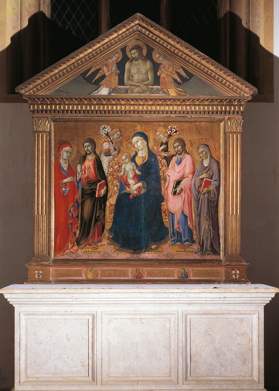 Madona s dítětem se svatými a Kristem v Pietě od Sano di also Ansano di Pietro di Mencio Pietro