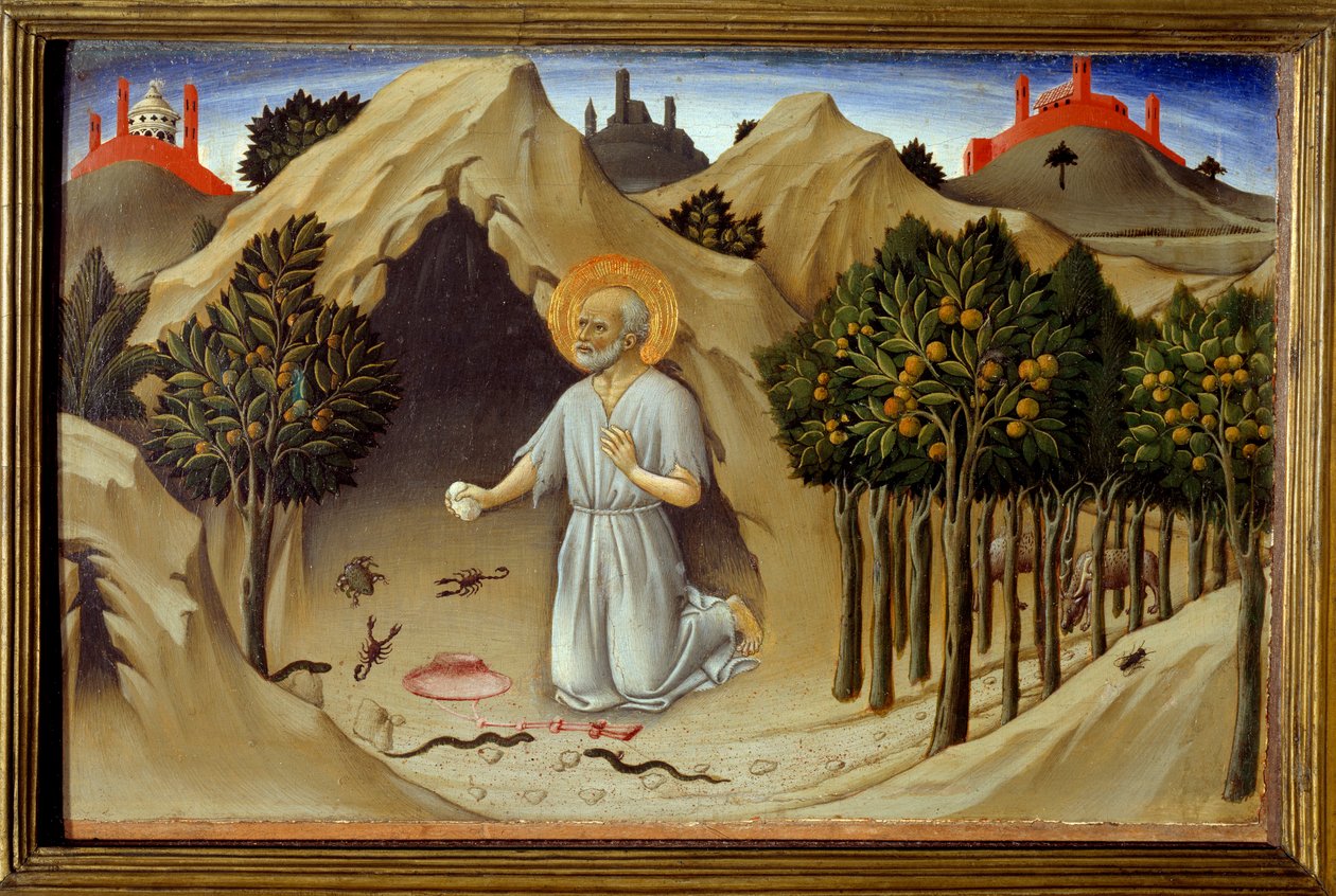 Scéna ze života svatého Jeronýma: „“Pokání svatého Jeronýma““ Obraz Sano di Pietro (1406-1481) 15. století. Slunce 0,23x0,36 m od Sano di also Ansano di Pietro di Mencio Pietro