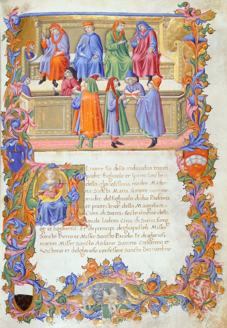 The Tribunal of Merchandise, miniatury ze Statutes of the Merchants no 6 od Sano di Pietro. od Sano di also Ansano di Pietro di Mencio Pietro