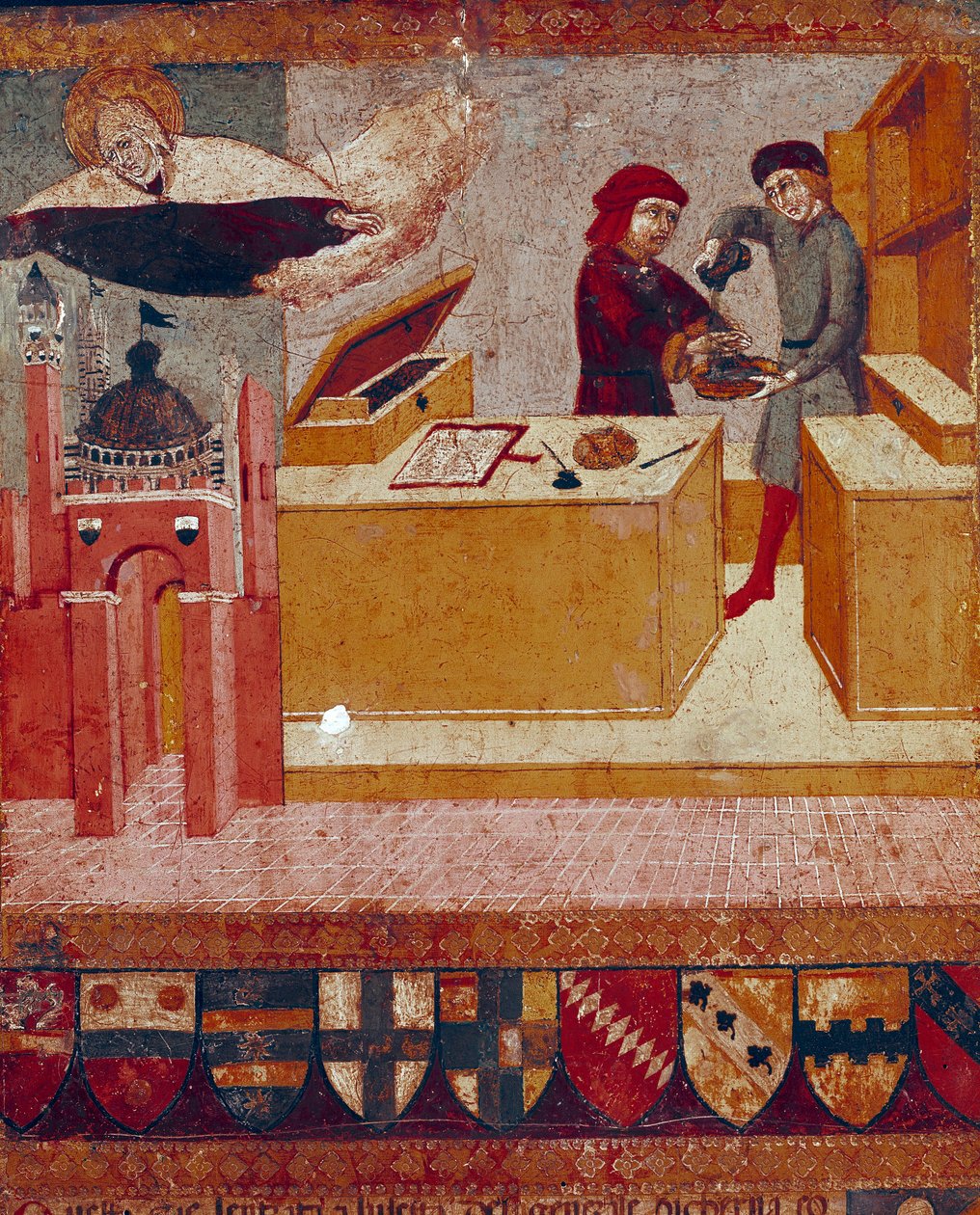 Camerlingvista si symbolicky myje ruce, zatímco dobrotivá a ochranná Panna letí nad městem Siena Detail. Dřevomalba od Sano di Pietro (1406-1481) zdobící Bicchernu (obálka účetní knihy města Siena) 1451. od Sano di also Ansano di Pietro di Mencio Pietro