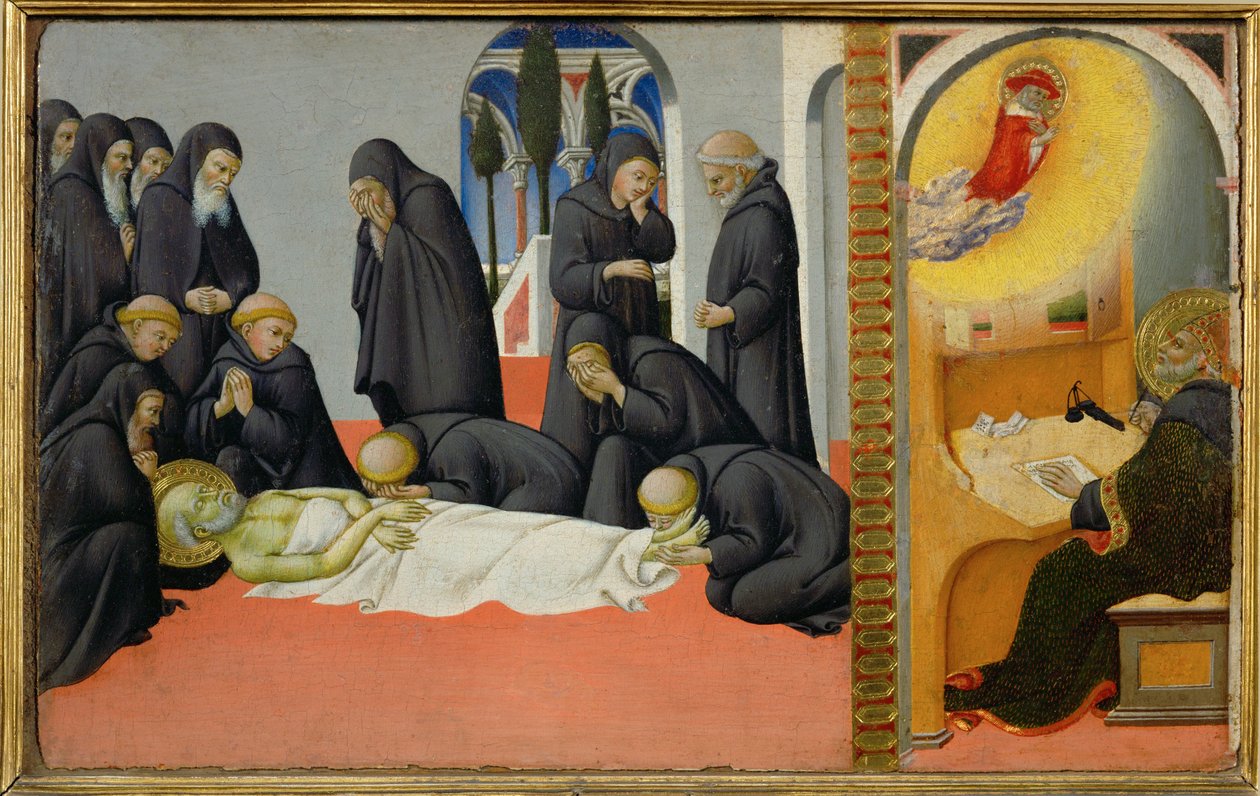 Smrt svatého Jeronýma mezi jeho žáky: objevuje se u svatého Cyrila, jeruzalémského biskupa ... od Sano di also Ansano di Pietro di Mencio Pietro