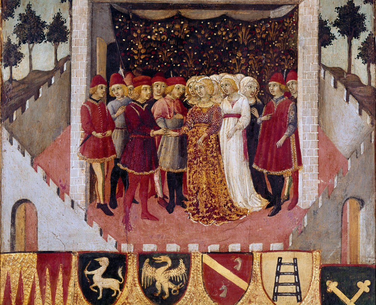 Svatební obřad páru šlechty města Siena Obraz Sano di Pietro (1406-1481) zdobení Biccherny (obálka účetního rejstříku města Siena) 1473. Siena Archivio di Stato, Itálie od Sano di also Ansano di Pietro di Mencio Pietro