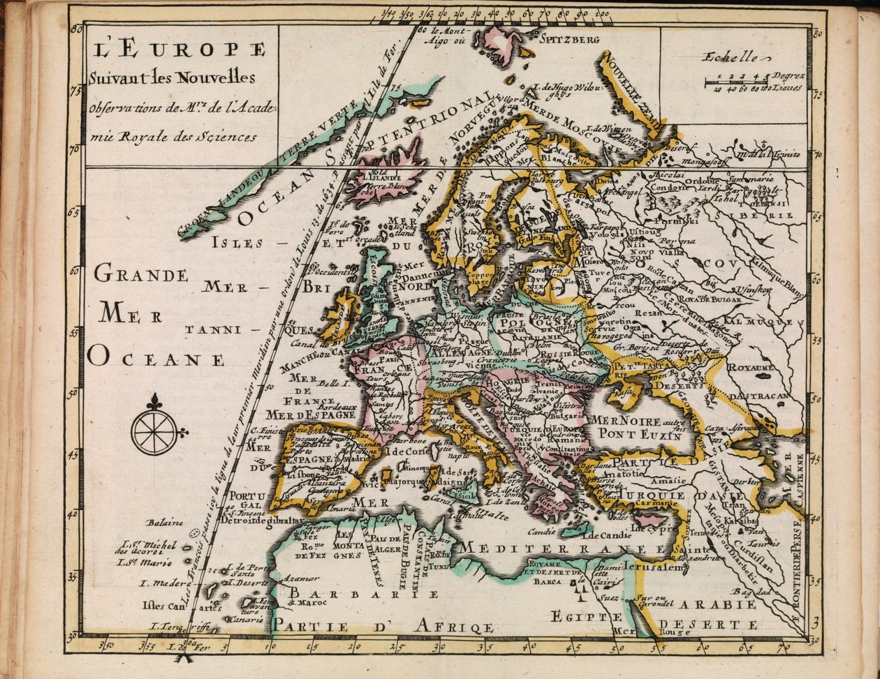 Mapa z mapové sbírky Národní knihovny. Mapa byla publikována v letech (1690-1708) a ukazuje Evropu od Sanson chez Mortier