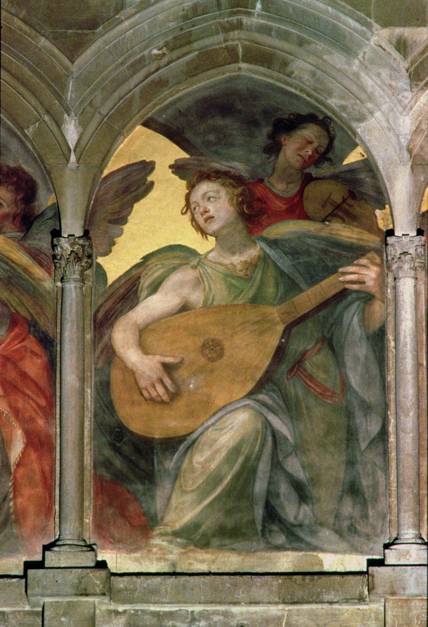 Hudební anděl v ambitu trompe loeil, detail anděla hrajícího na mandolínu, z interiéru západní fasáda detail fresky z roku 100329 od Santi di Tito