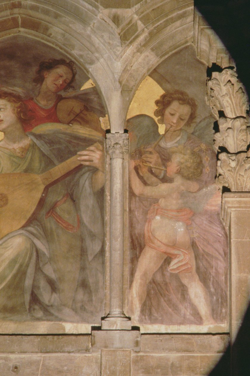 Hudební andělé s ambitem trompe loeil, detail cherubína hrajícího na flétnu, z interiéru západní fasáda detail fresky z roku 100329 od Santi di Tito
