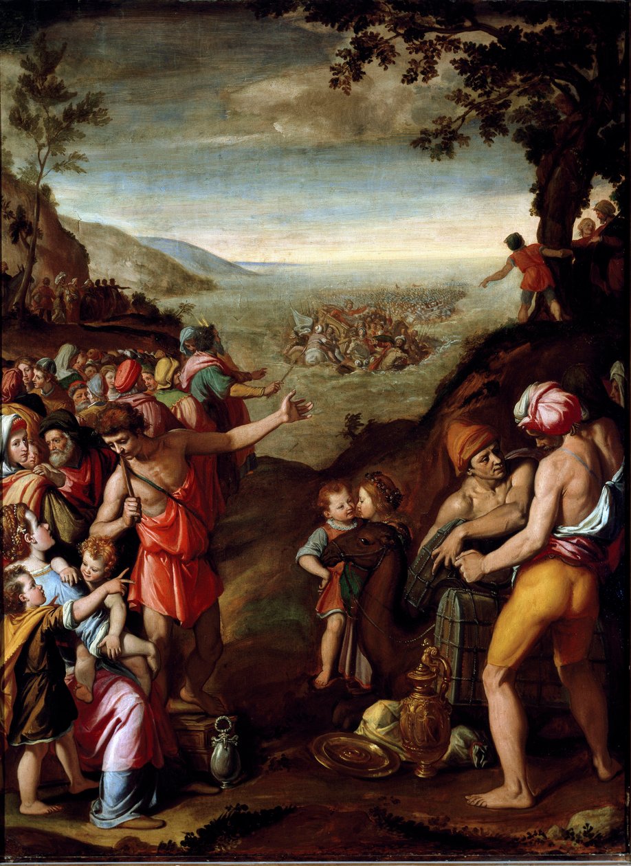 Průchod Rudým mořem Hebrejci prchající z Egypta překračují Rudé moře, vedeni Mojžíšem. Obraz Santi di Tito (1536-1603) Florencie, Kabinet Francoise I., Palazzo Vecchio od Santi di Tito