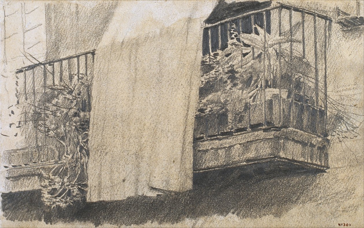 Balkon s květinami a závěsem od Santiago Rusiñol