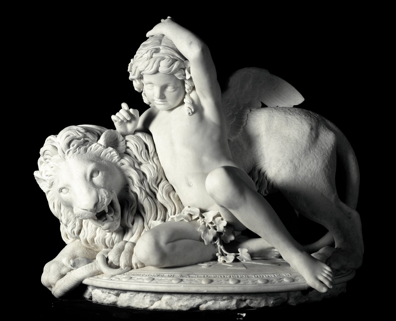 Love Mastering the Force Marble Sculpture od Santo Varni (1807-1885) 1865. Rozm. 85x90x62 cm Z kolekce prince Odona di savoia. Genes, Galleria d