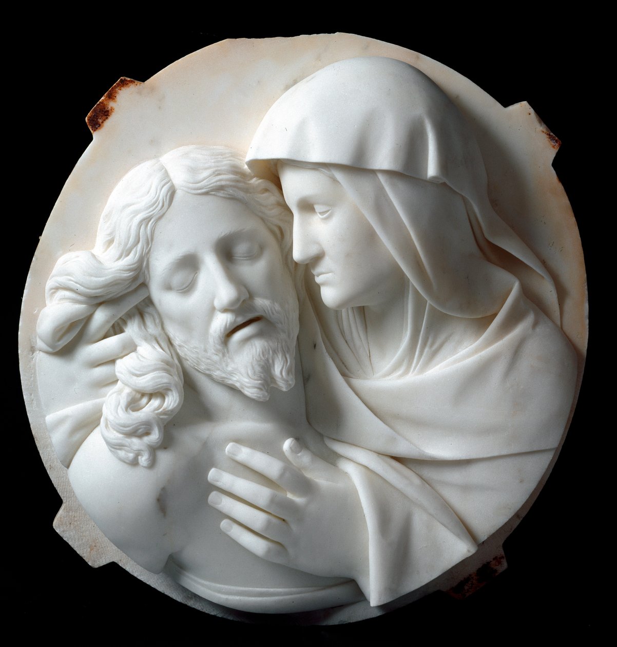 Mramorová socha Pieta od Santo Varni (1807-1885) 1863-1870. Ztlumit. 56x52x12 cm Z kolekce prince Odona di savoia. Genes, Galleria d