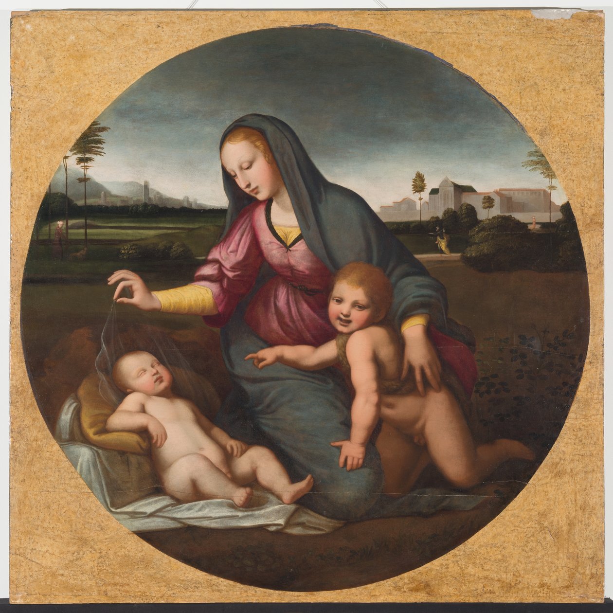 Madona a dítě s mladým svatým Janem, cca 1500 (olej na dřevě) od Sanzio of Urbino (follower of) Raphael
