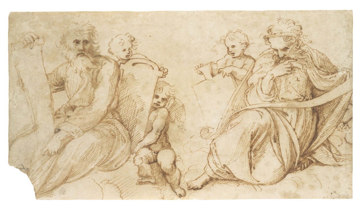 Dva proroci se svitky sedící s putti držícími tablety od Sanzio of Urbino Raphael