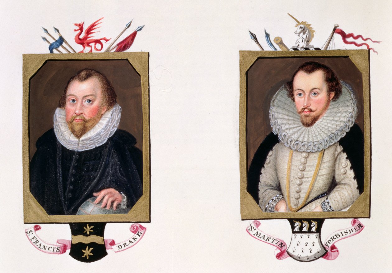 Dvojportrét sira Francise Drakea (asi 1540-96) a sira Martina Frobishera (asi 1535-94) z „Paměti dvora královny Alžběty, vydané v roce 1825 (wc a kvaš na papíře) od Sarah Countess of Essex