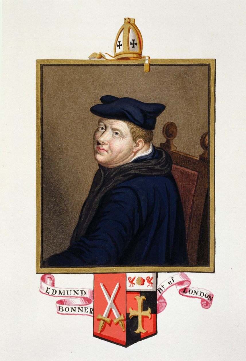 Portrét Edmunda Bonnera (asi 1500-69) londýnského biskupa z „Paměti dvora královny Alžběty“, vydané v roce 1825 (wc a kvaš na papíře) od Sarah Countess of Essex