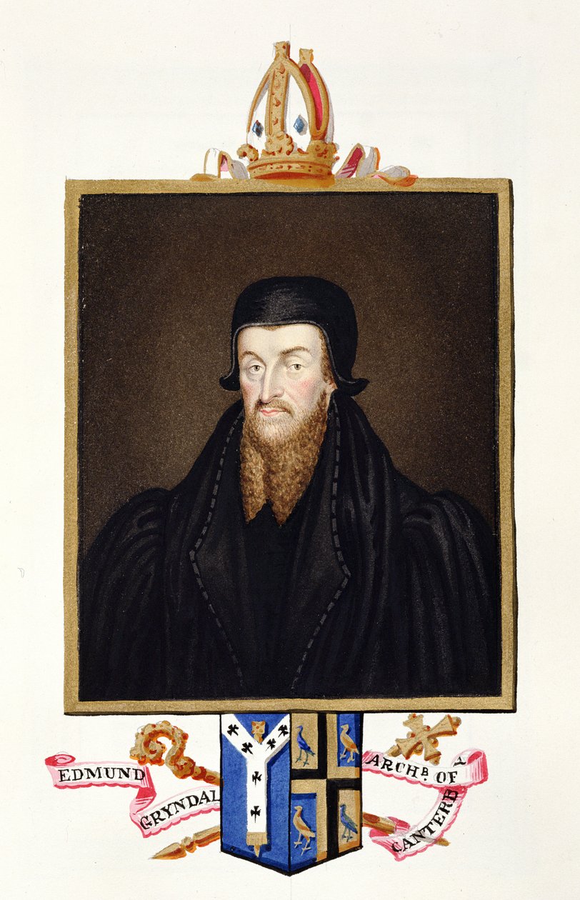 Portrét Edmunda Grindala (asi 1519-83) arcibiskupa z Canterbury z „Paměti dvora královny Alžběty“, vydané v roce 1825 (wc a kvaš na papíře) od Sarah Countess of Essex