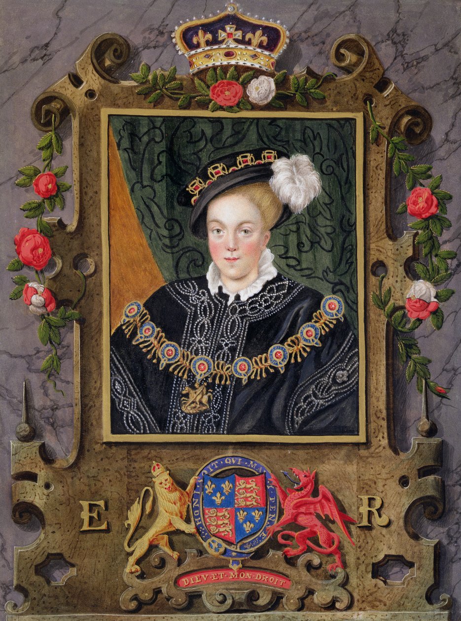 Portrét Edwarda VI. (1537-53) anglického krále ve věku asi 14 let z „Paměti dvora královny Alžběty“ podle miniatury v královské sbírce od Nicholase Hilliarda (1537-1619), publikované v 1. od Sarah Countess of Essex