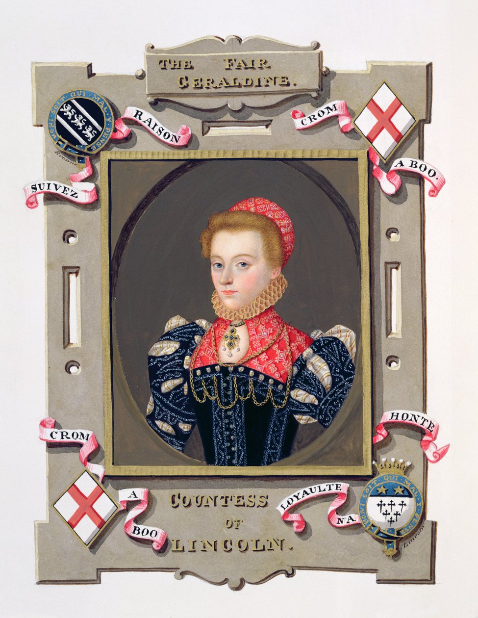 Portrét Elizabeth Fitzgeraldové (asi 1528–1589) Hraběnka z Lincolnu z „Paměti dvora královny Alžběty“ podle portrétu Stephena van der Meulena (1632–1690), publikovaného v roce 1825 (wc a guac od Sarah Countess of Essex