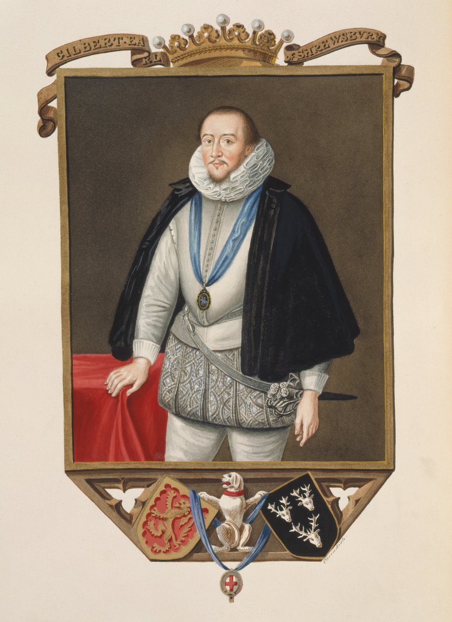 Portrét Gilberta Talbota (1553-1616) 7. hraběte ze Shrewsbury z Pamětí dvora královny Alžběty po portrétu sira Williama Segara († 1633), publikovaném v roce 1825 (wc a kvaš na papíře) od Sarah Countess of Essex
