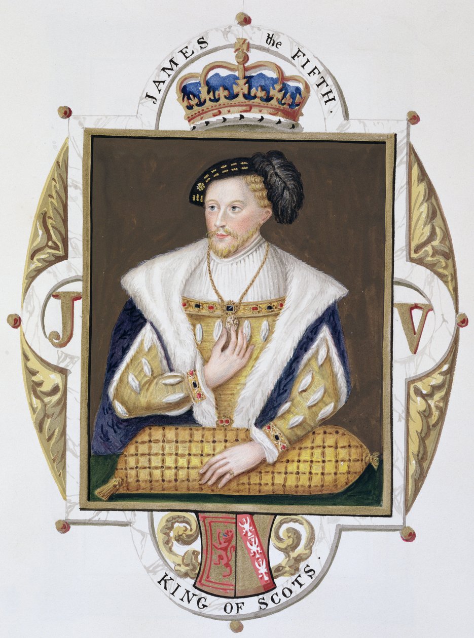 Portrét skotského krále Jakuba V. (1512-42) z „Memoárů dvora královny Alžběty“, vydaného v roce 1825 (wc a kvaš na papíře) od Sarah Countess of Essex