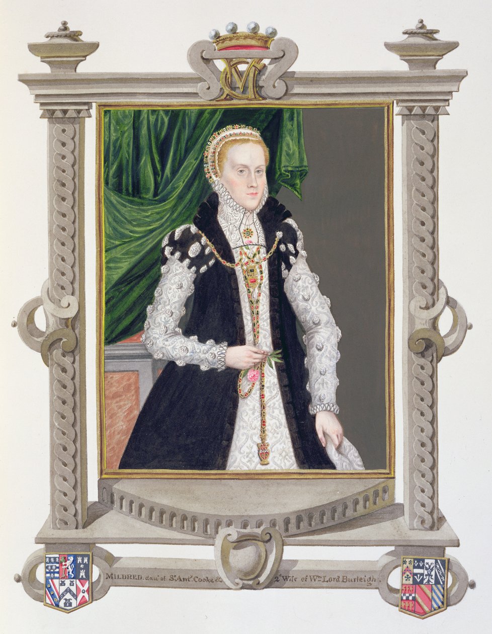 Portrét Mildred Cookeové, lady Burghleyové, z knihy "Memoáry ze dvora královny Alžběty", vydané v roce 1825 (čb a kvaš na papíře) od Sarah Countess of Essex