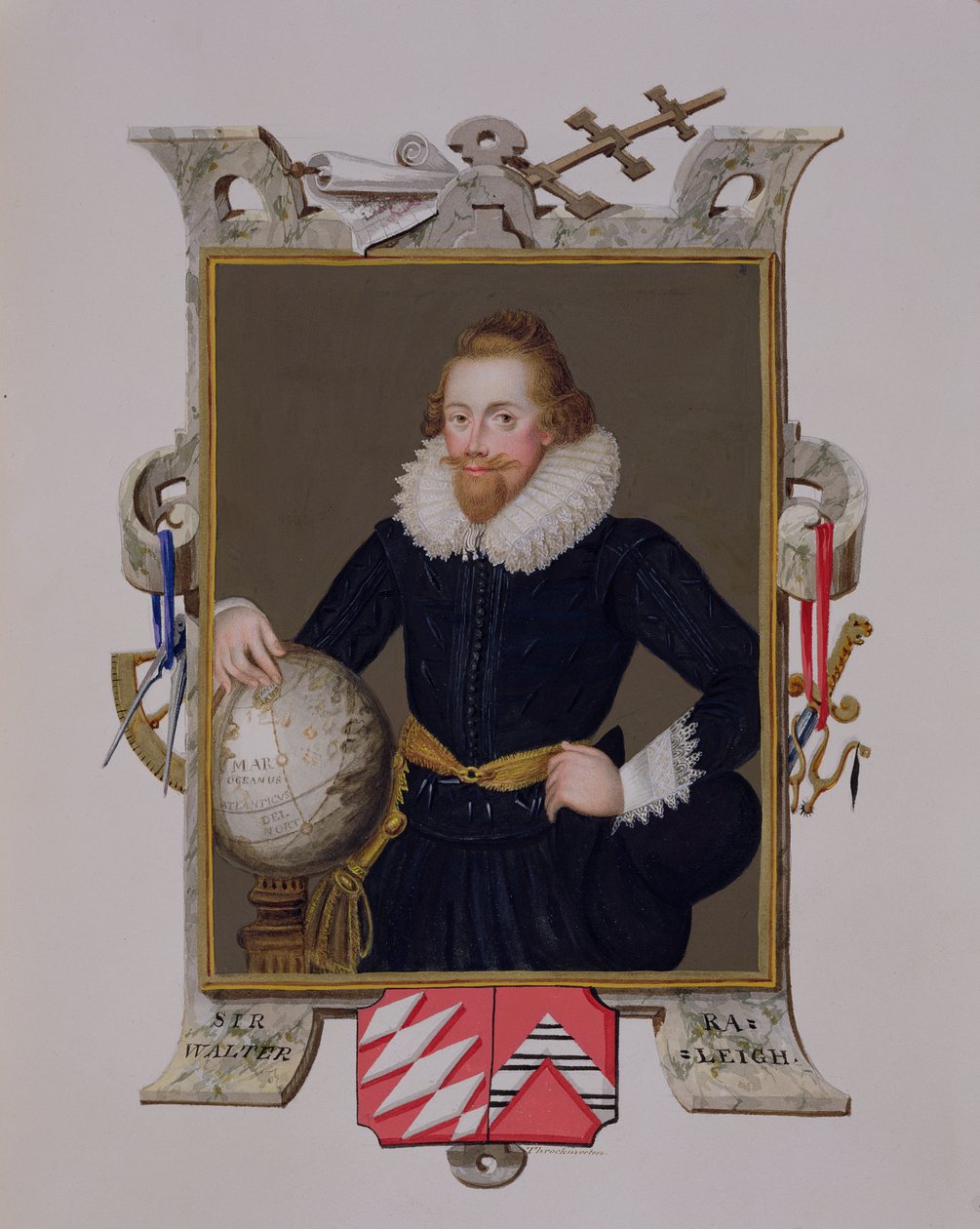 Portrét sira Waltera Raleigha (asi 1552-1618) z knihy "Memoirs of the Court of the Queen Elizabeth", vydané v roce 1825 (kvaš a čb na papíře) od Sarah Countess of Essex