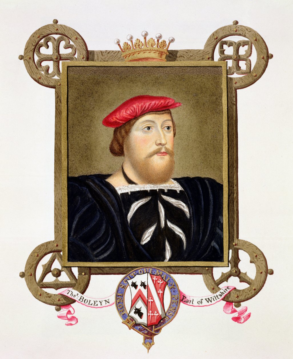 Portrét Thomase Boleyna (1477-1539) hraběte z Wiltshire z „Paměti dvora královny Alžběty“, podle kresby Hanse Holbeina (1497-1543) v Královské sbírce, publikované v roce 1825 (wc a od Sarah Countess of Essex