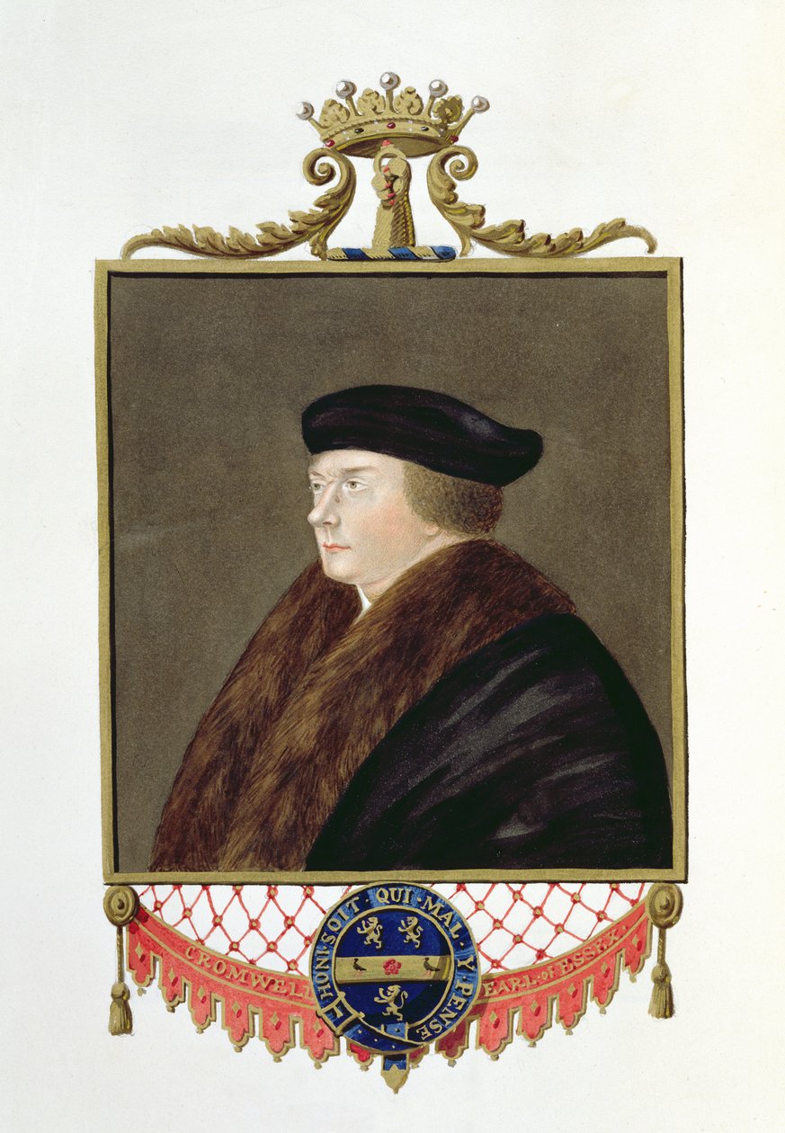 Portrét Thomase Cromwella (asi 1485-1540) I. hrabě z Essexu z „Memoárů dvora královny Alžběty“, vydané v roce 1825 (wc a kvaš na papíře) od Sarah Countess of Essex
