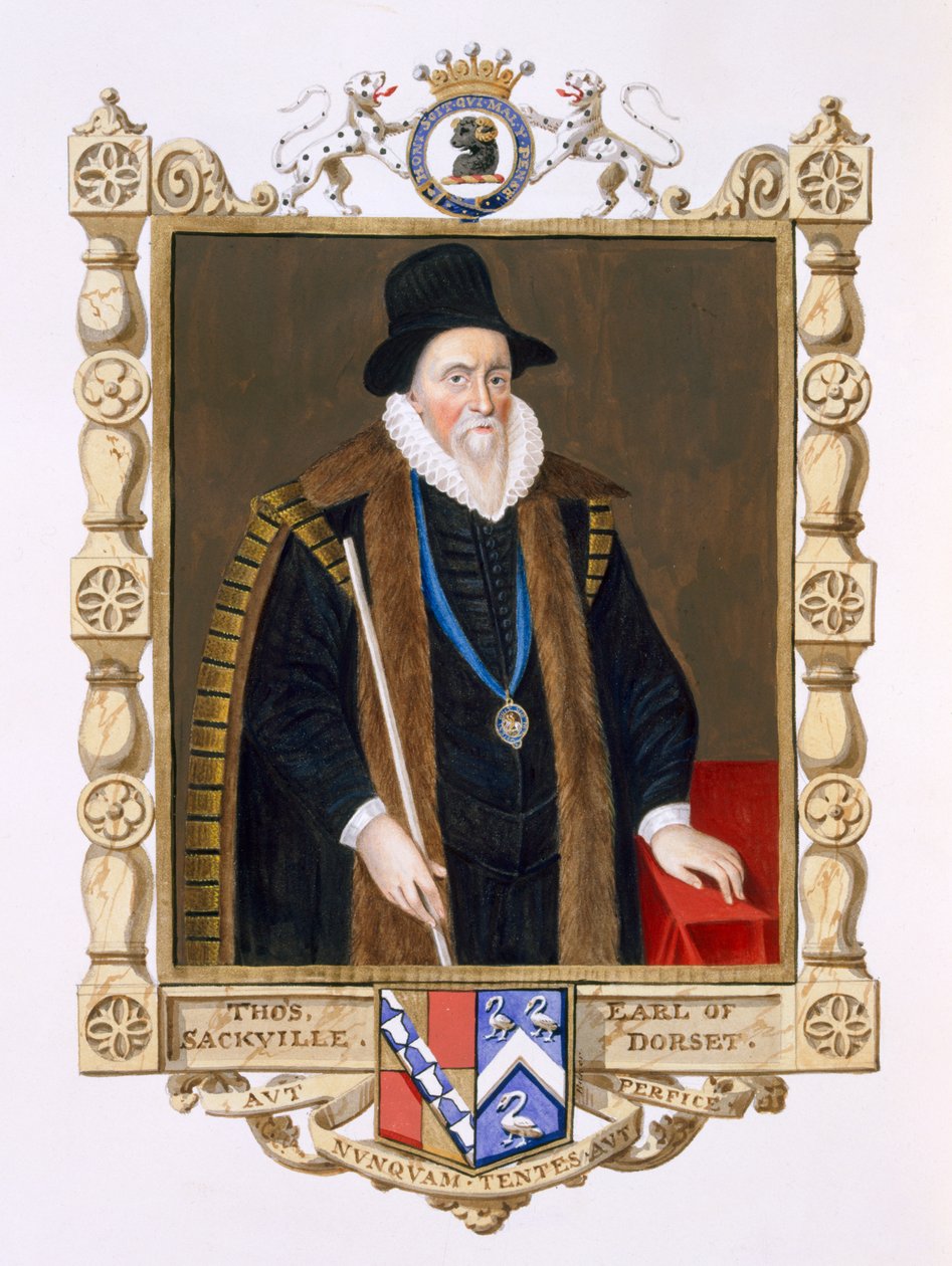 Portrét Thomase Sackvilla (1536-1608) 1. baron Buckhurst z „Memoárů dvora královny Alžběty“ po portrétu Johna de Critze staršího (asi 1552-1642), publikovaném v roce 1825 (wc a goua od Sarah Countess of Essex