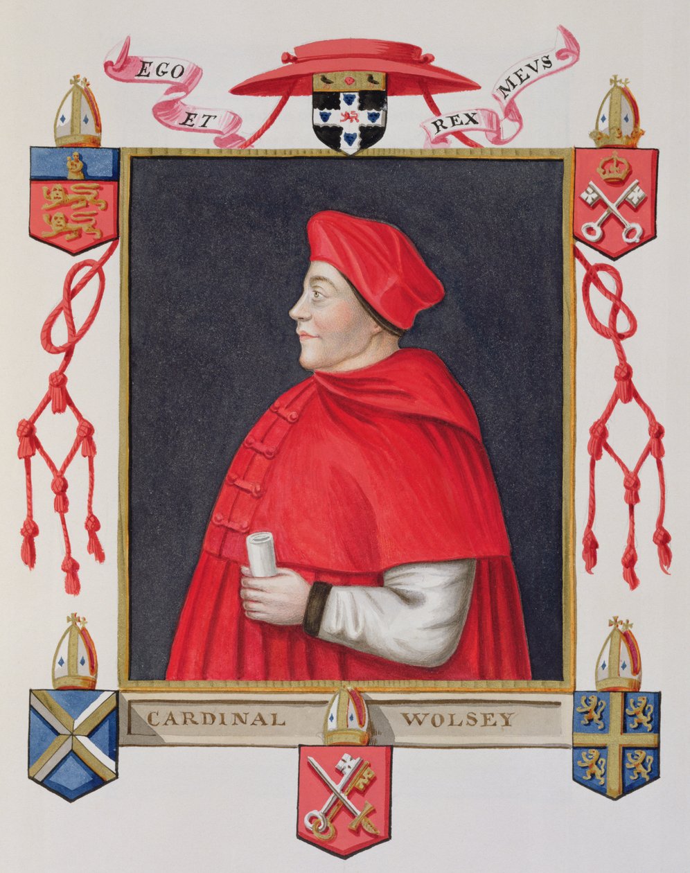 Portrét Thomase Wolseyho (asi 1475-1530) kardinála a státníka z „Memoárů dvora královny Alžběty“, vydaného v roce 1825 (wc a kvaš na papíře) od Sarah Countess of Essex