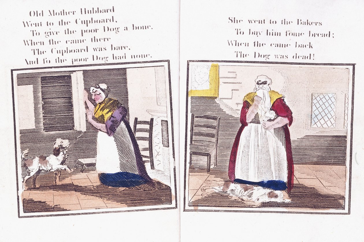 Dvě stránky z říkanky „Komediální dobrodružství staré matky Hubbardové a jejího psa“ od Sarah Catherine (after) Martin