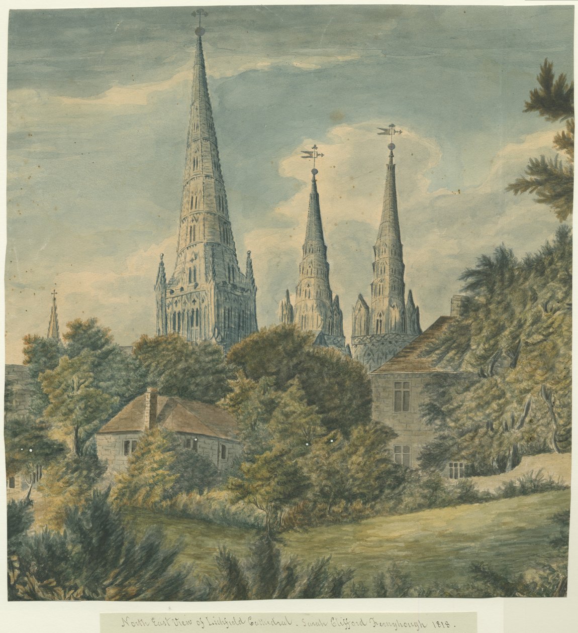 Katedrála Lichfield – pohled na severovýchod: malba vodovými barvami, 1818 od Sarah Clifford Fernyhough