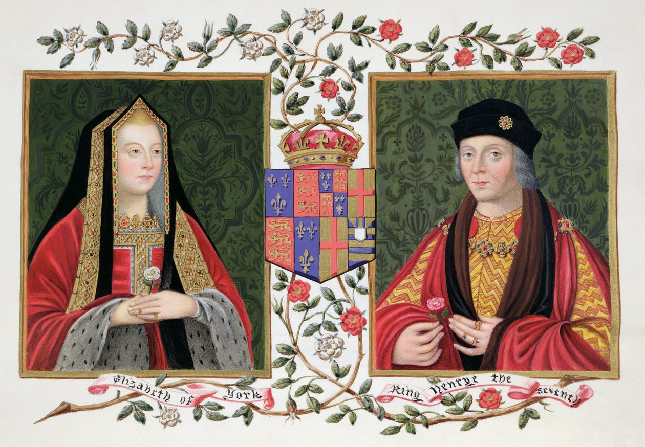 Dvojportrét Alžběty z Yorku (1465-1503) a Jindřicha VII. (1457-1509) držících bílou růži z Yorku a červenou růži Lancaster z „Memoirs of the Court of Queen Elizabeth“, vydané v roce 182 od Sarah Countess of Essex