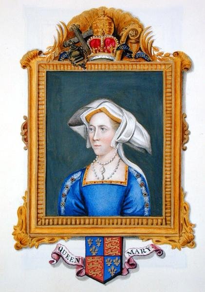 Portrét Anny Boleynové nesprávně nazývané Queen Mary z „Memoirs of the Court of Queen Elizabeth“, publikované v roce 1825 (akvarel a kvaš na papíře) od Sarah Countess of Essex