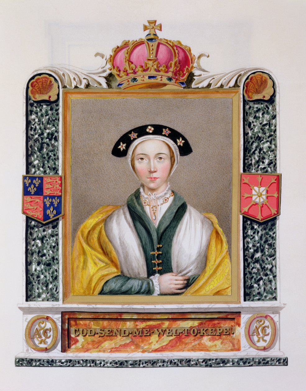 Portrét Anny z Cleves (1515-57) 4. královna Jindřicha VIII. z „Paměti dvora královny Alžběty“, vydané v roce 1825 (wc a kvaš na papíře) od Sarah Countess of Essex