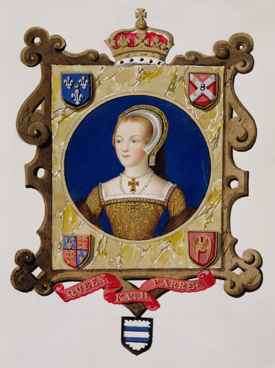 Portrét Catherine Parr (1512-48) 6. královna Jindřicha VIII jako mladá žena z „Paměti dvora královny Alžběty“, vydané v roce 1825 (wc a kvaš na papíře) od Sarah Countess of Essex
