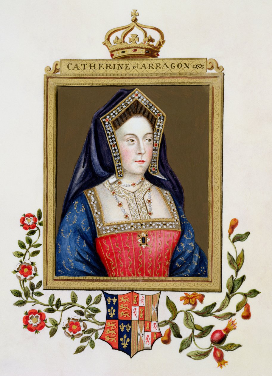Portrét Kateřiny Aragonské (1485-1536) 1. královny Jindřicha VIII. z „Paměti dvora královny Alžběty“, vydané v roce 1825 (wc a kvaš na papíře) od Sarah Countess of Essex
