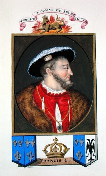 Portrét francouzského krále Františka I. (1494-1547) z „Paměti dvora královny Alžběty“ podle portrétu Tiziana (asi 1488-1576), publikovaného v roce 1825 (akvarel a kvaš na papíře) od Sarah Countess of Essex