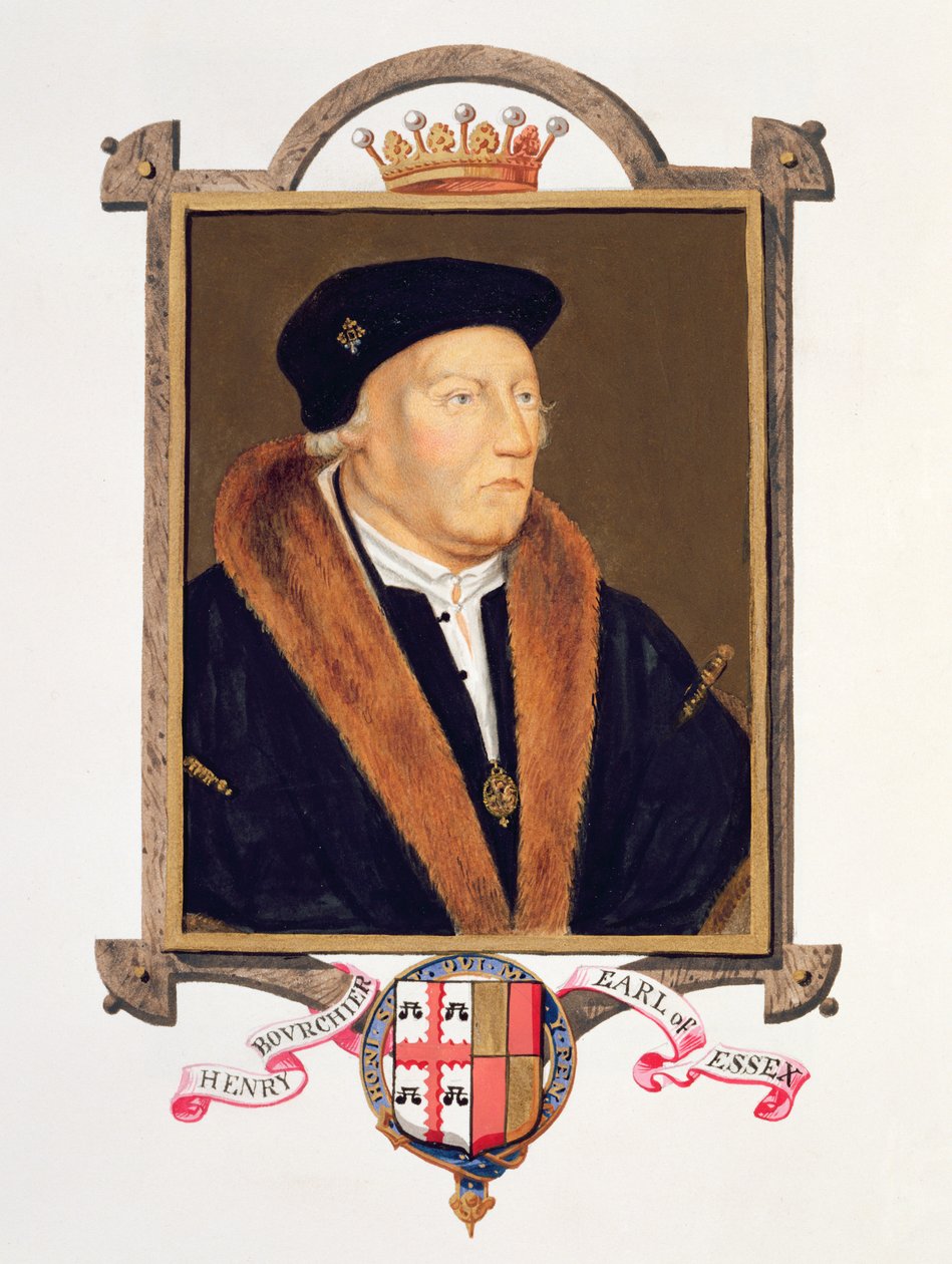 Portrét Henryho Bourchiera († 1539) 2. hrabě z Essexu z „Paměti dvora královny Alžběty“, vydané v roce 1825 (wc a kvaš na papíře) od Sarah Countess of Essex