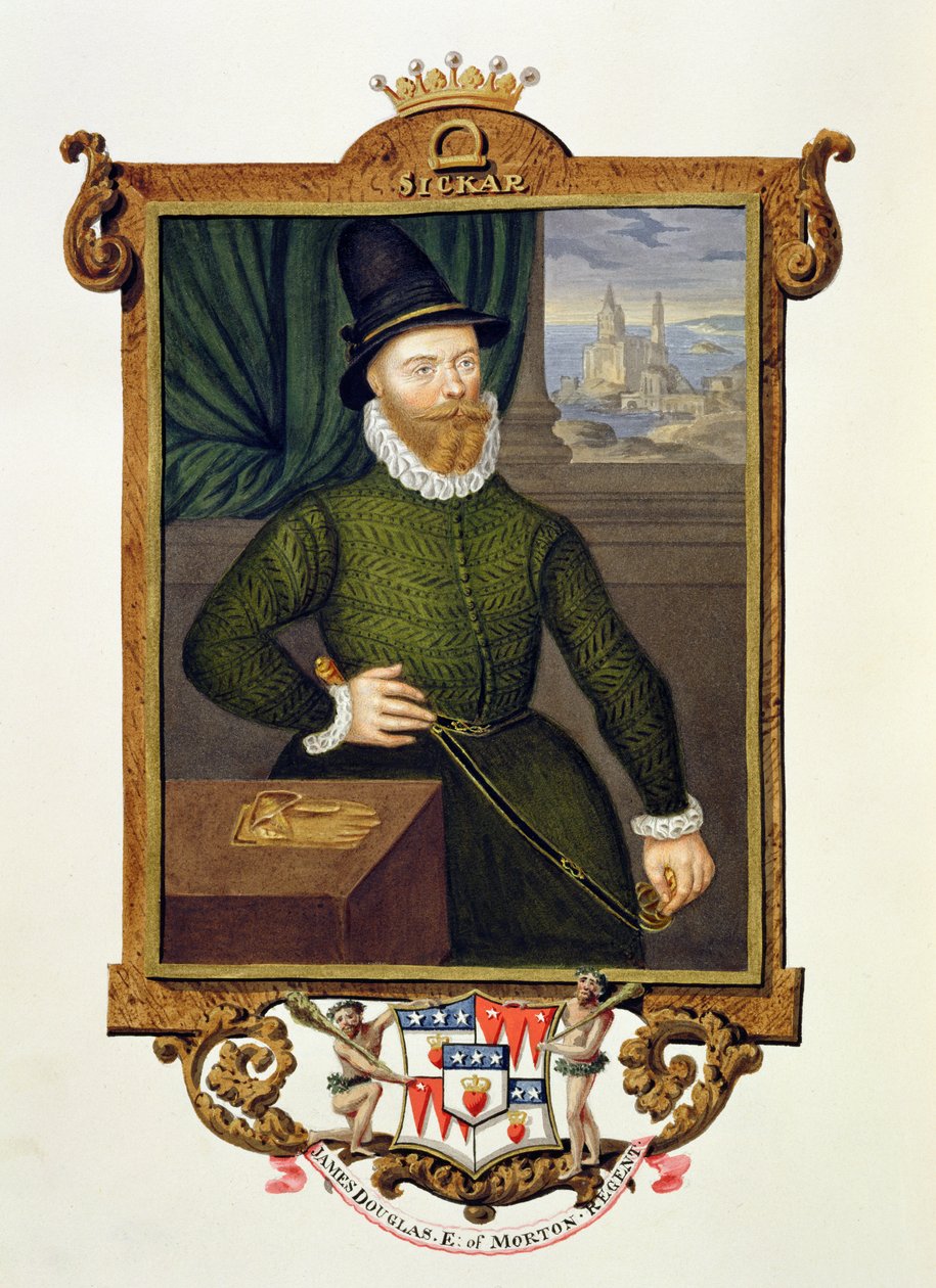 Portrét Jamese Douglase (asi 1516-81) 4. hrabě z Mortonu z „Paměti dvora královny Alžběty“ po portrétu attr. Arnoldu van Brounkhorstovi (fl. 1565-80), vydaný v roce 1825 (wc a gouac od Sarah Countess of Essex