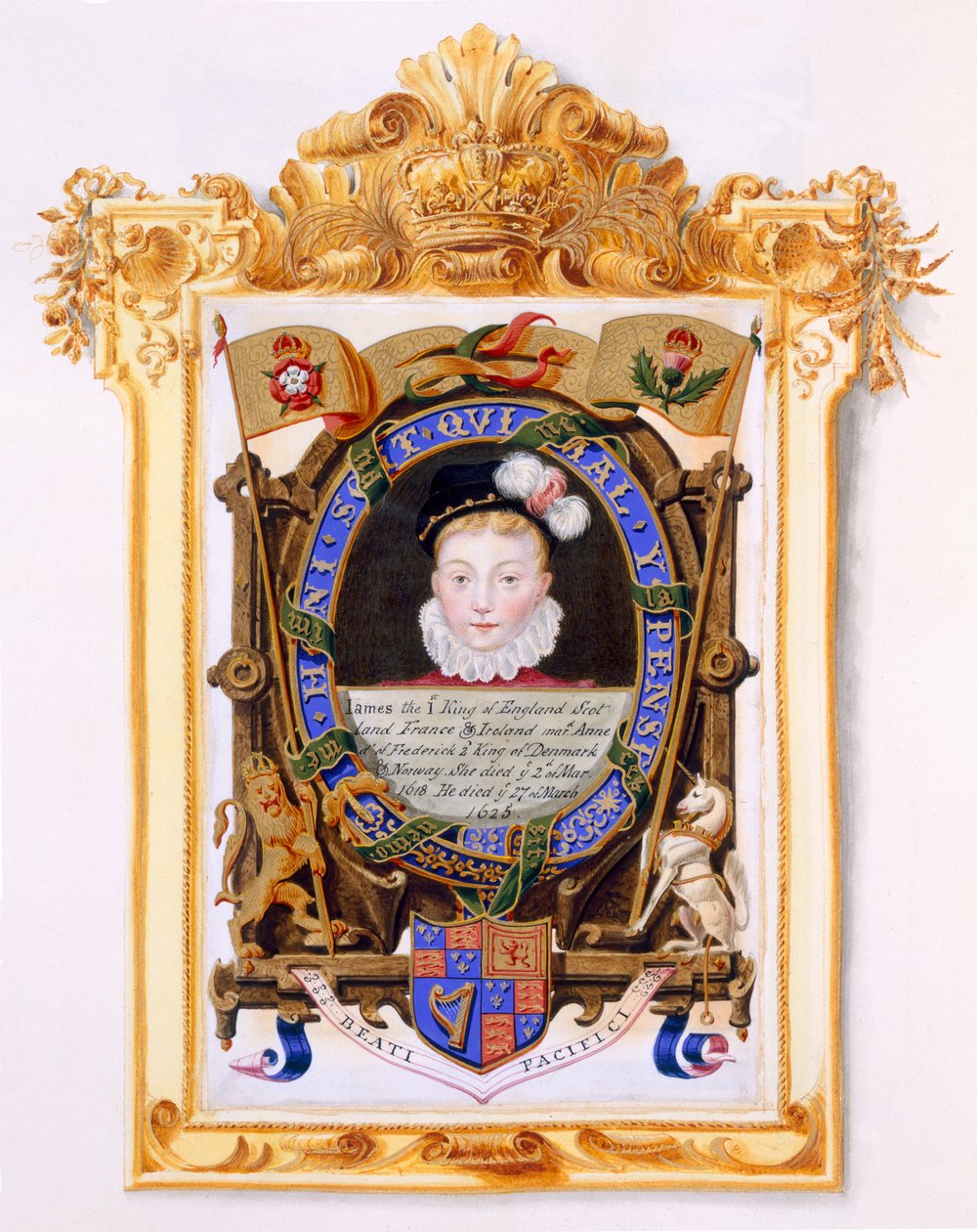Portrét Jakuba VI. ze Skotska (1566-1625) Později Jakub I. z Anglie jako chlapec kolem roku 1574 z „Paměti dvora královny Alžběty“, vydané v roce 1825 (wc a kvaš na papíře) od Sarah Countess of Essex