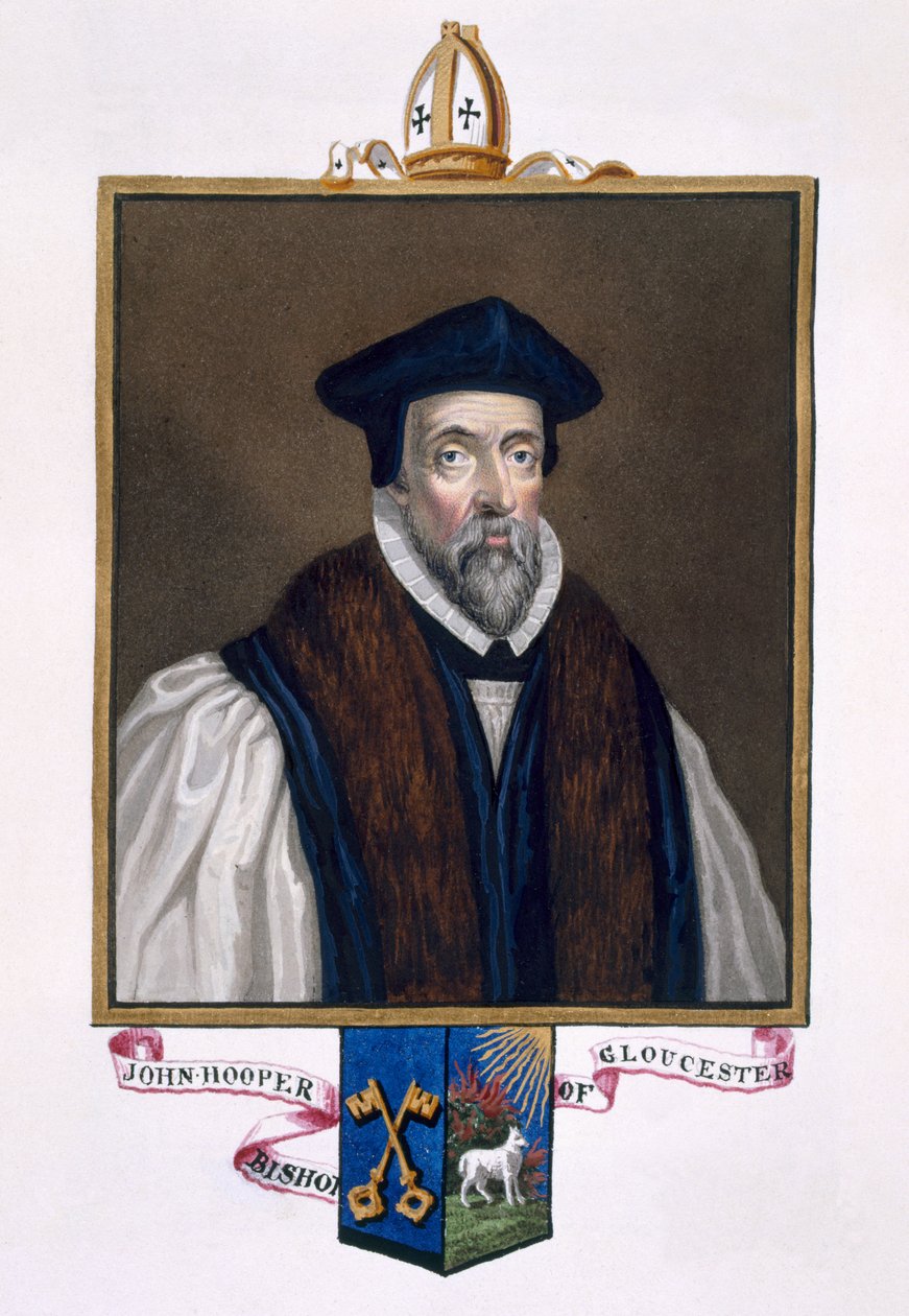 Portrét Johna Hoopera († 1555) biskupa z Gloucesteru z „Paměti dvora královny Alžběty“, vydané v roce 1825 (wc a kvaš na papíře) od Sarah Countess of Essex