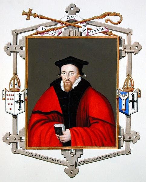 Portrét Johna Whitgifta (asi 1530-1604), arcibiskupa z Canterbury, z knihy "Memoirs of the Court of Queen Elizabeth", vydané v roce 1825 (akvarel a kvaš na papíře) od Sarah Countess of Essex