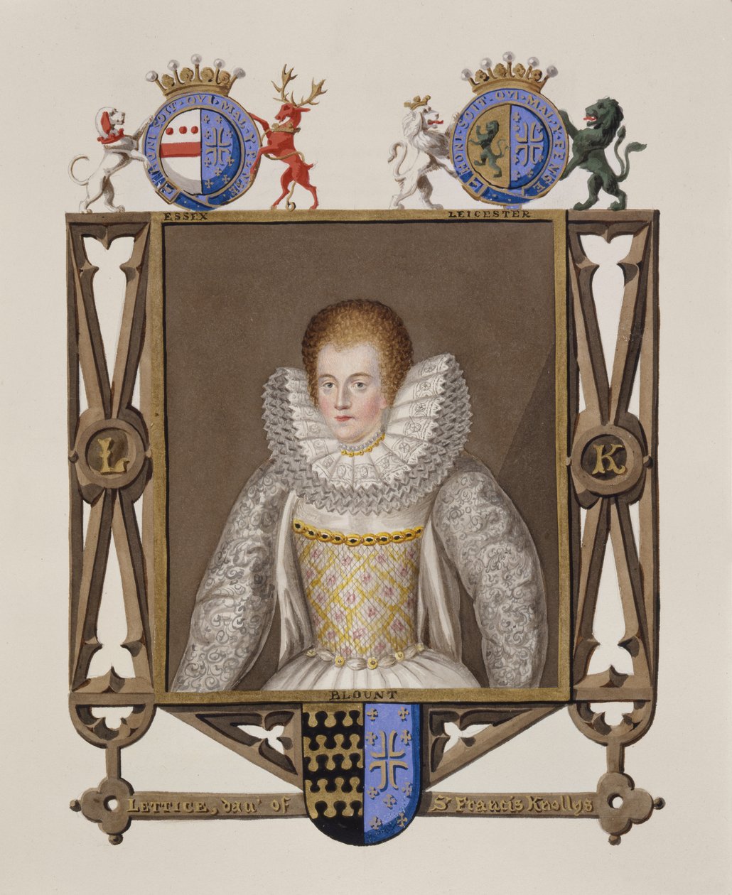 Portrét Lettice Knollys (asi 1541-1634) Dcera sira Francise Knollyse z Memoárů dvora královny Alžběty, vydané v roce 1825 (wc a kvaš na papíře) od Sarah Countess of Essex