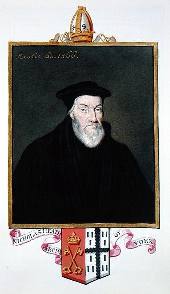 Portrét Nicholase Heatha (asi 1501-78) arcibiskupa z Yorku z „Paměti dvora královny Alžběty“, vydané v roce 1825 (akvarel a kvaš na papíře) od Sarah Countess of Essex