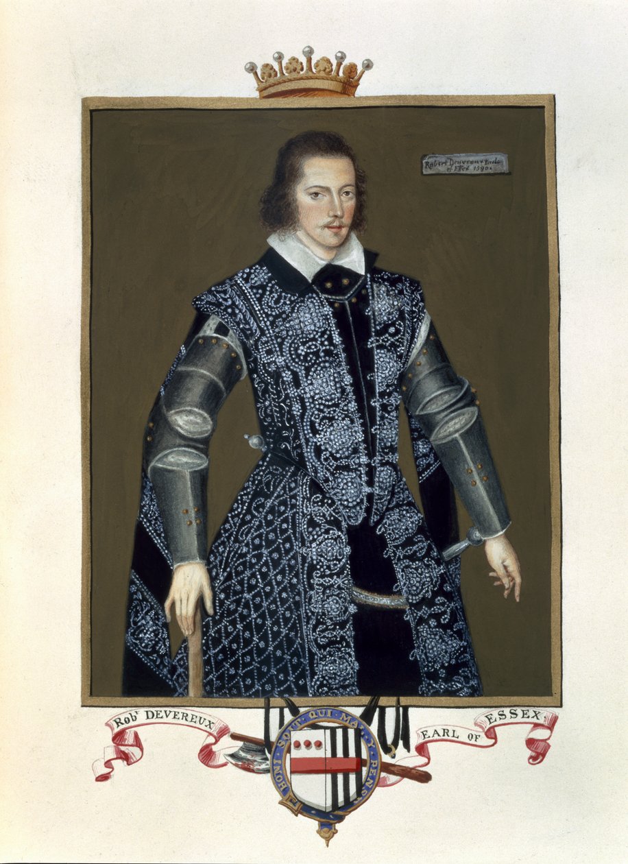 Portrét Roberta Devereuxe (1566-1601), 2. hraběte z Essexu, z knihy Memoáry ze dvora královny Alžběty podle olejomalby sira Williama Segara (fl.1913-d.1633) vydané v roce 1825 (čb a kvaš na papíře) od Sarah Countess of Essex