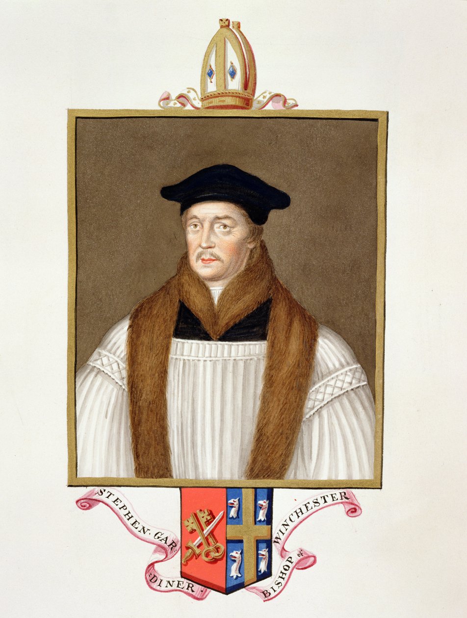 Portrét Stephena Gardinera (asi 1483-1555) biskupa z Winchesteru z „Paměti dvora královny Alžběty“, vydané v roce 1825 (wc a kvaš na papíře) od Sarah Countess of Essex