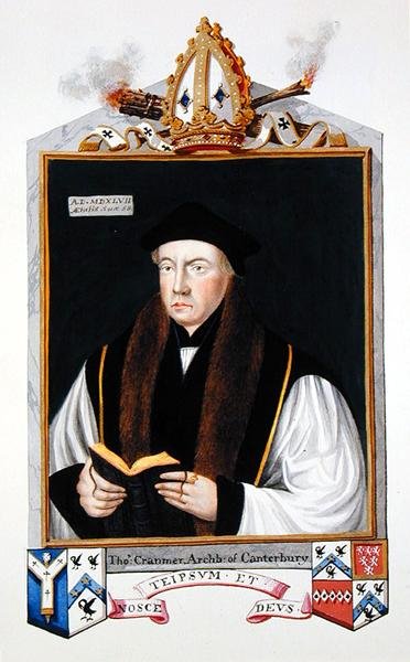 Portrét Thomase Cranmera (1489-1556) arcibiskupa z Canterbury z „Paměti dvora královny Alžběty“, vydané v roce 1825 (akvarel a kvaš na papíře) od Sarah Countess of Essex