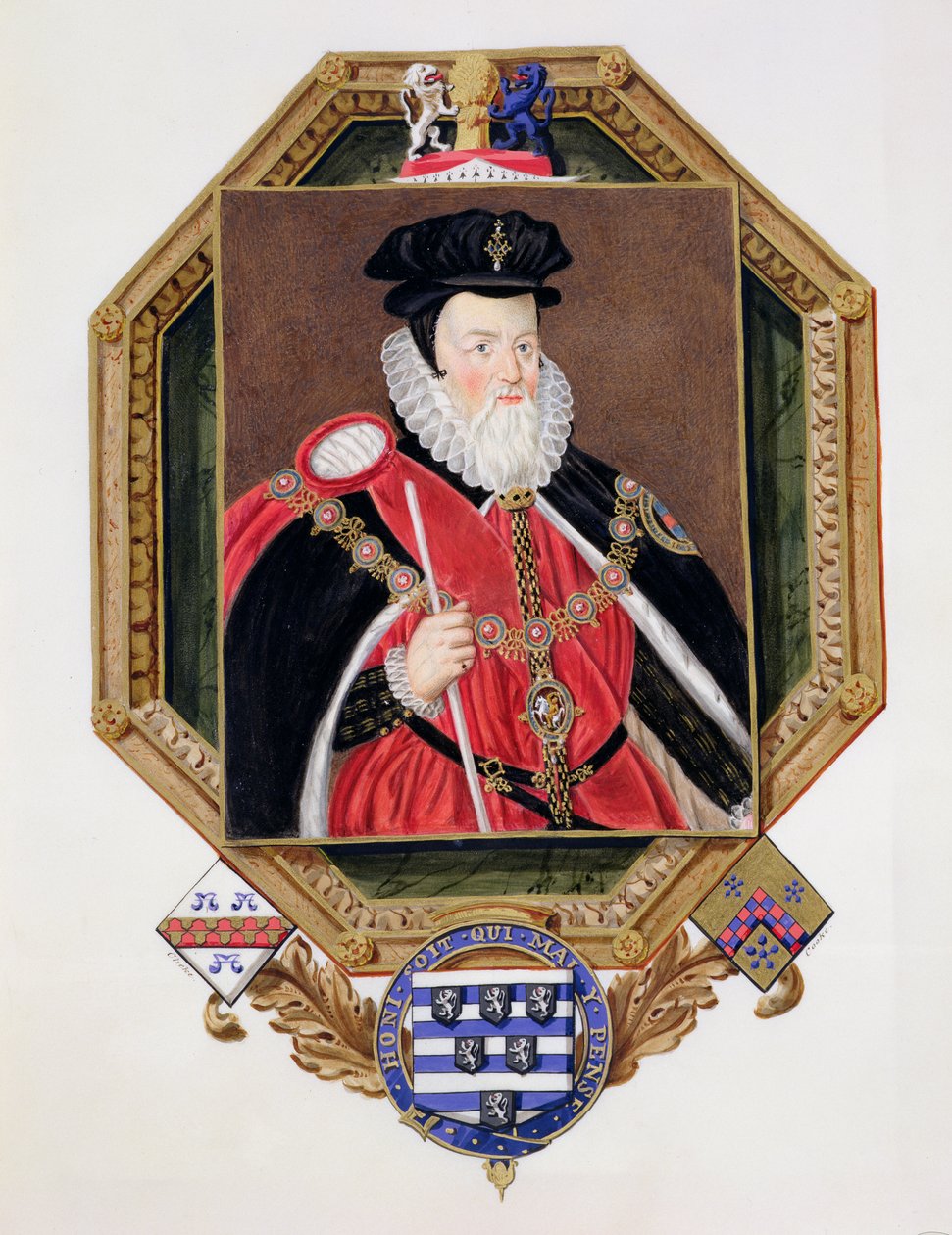 Portrét Williama Cecila (1520-98), 1. barona Burghleyho, z Pamětí dvora královny Alžběty, podle obrazu Marcuse Gheeraertse mladšího (asi 1561-1635), vydaného v roce 1825 (čb a kvaš) o od Sarah Countess of Essex